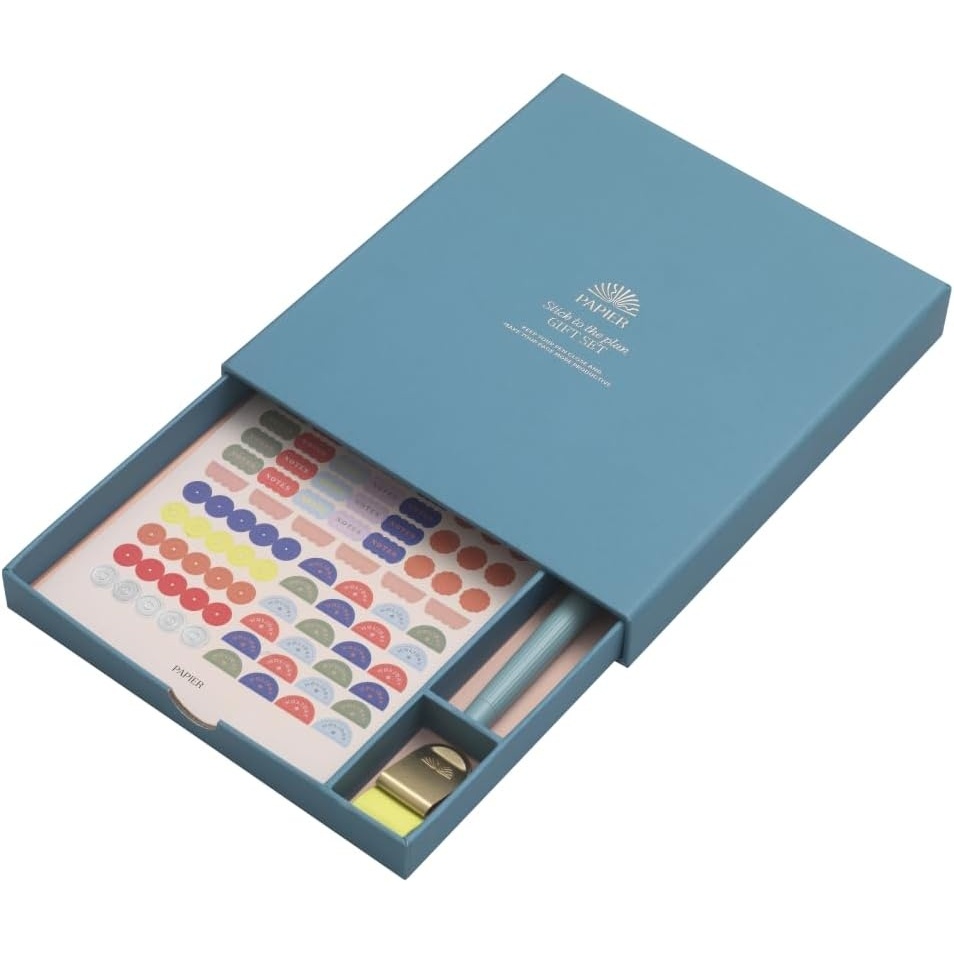 image:imagePapier Stick to the Plan Gift Set  Colored Organizer Stickers Fine Tip Pen amp Bronze Page Clip  Organize Your Day Week amp Month  Ideal for Journal Planner amp Notebook  Beautiful Presentation Box