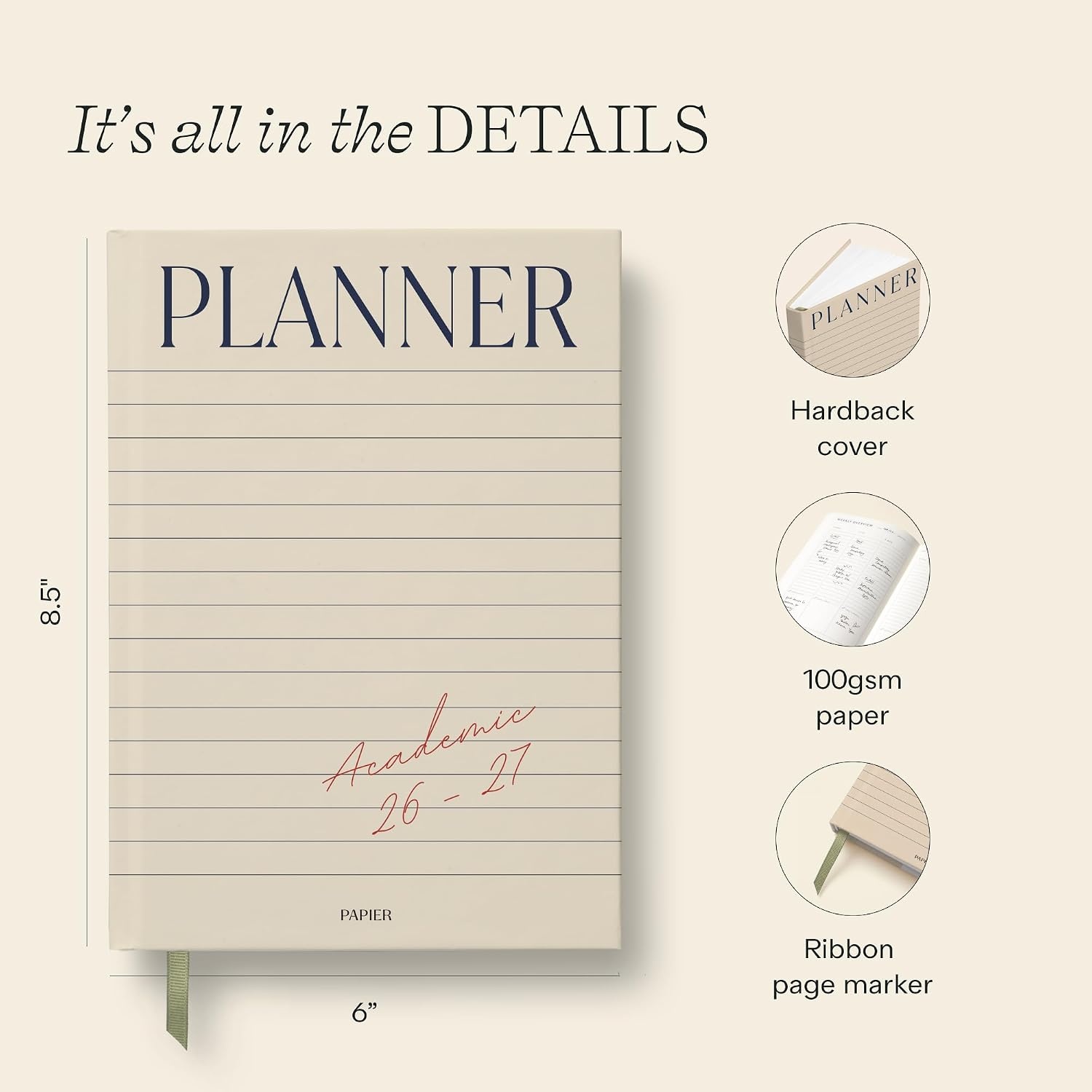 image:imagePapier In The Grid A5 Academic Planner 202627 HardCover Week amp Month Organizer 100gsm Paper Goals Key Dates amp Assignment Planning